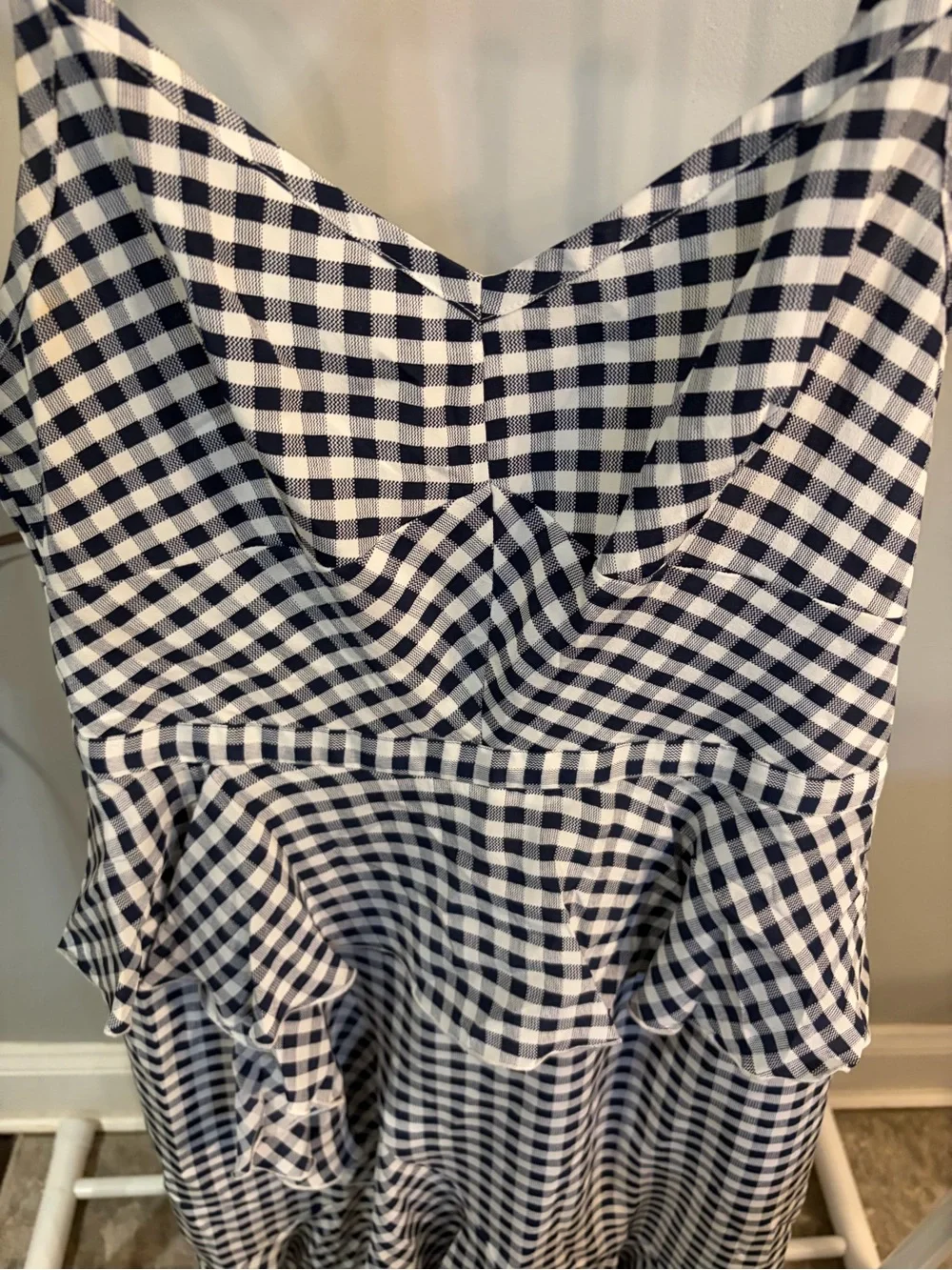 J. Crew Navy and White Gingham Ruffle Midi silk Dress size 6